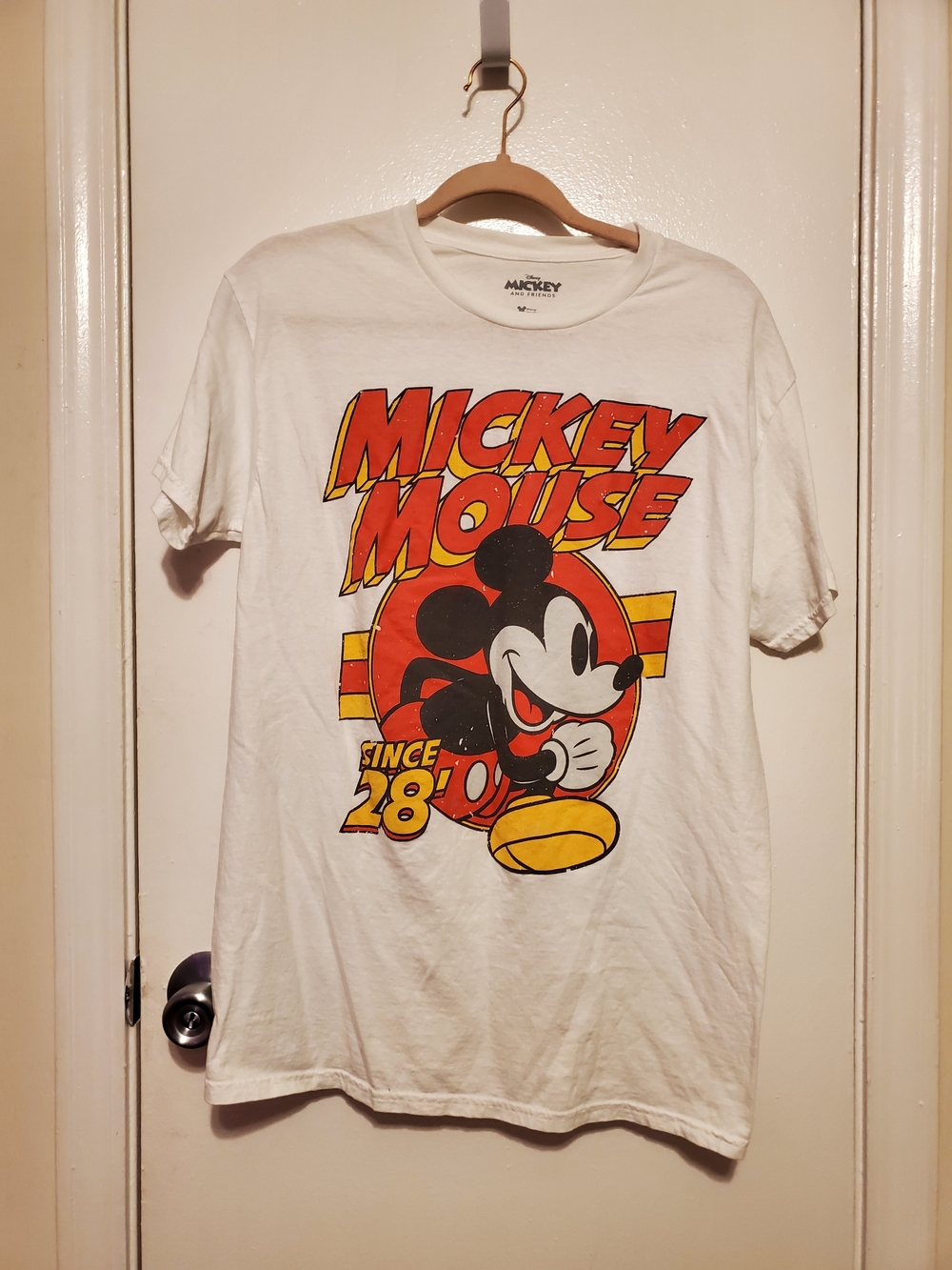 Disney White Mickey Mouse Retro Graphic Tee with Red and Yellow Print